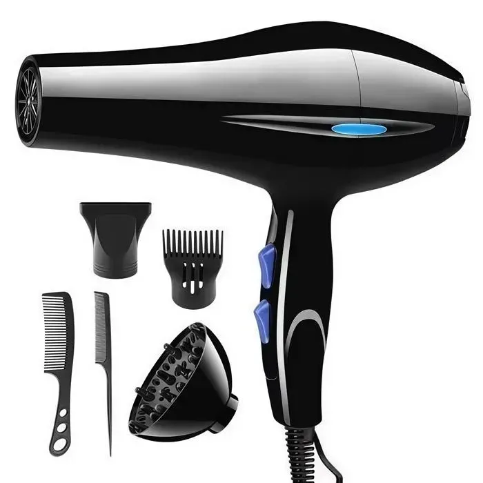 Sèche-Cheveux Ionique Professionnel 2200W 3 Chaleurs/2 Vitesses Air Froid Diffuseur + Concentrateur 6 Pièces Noir