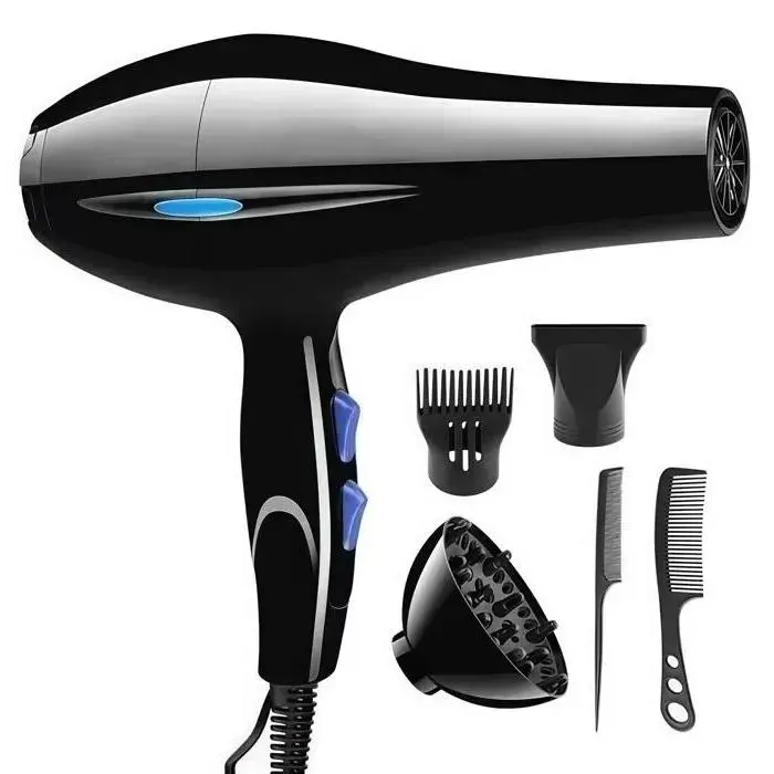Sèche-cheveux ionique professionnel 2200W3 niveaux de chaleur2 vitesses air froiddiffuseur et concentrateurlot de 6 piècesnoir