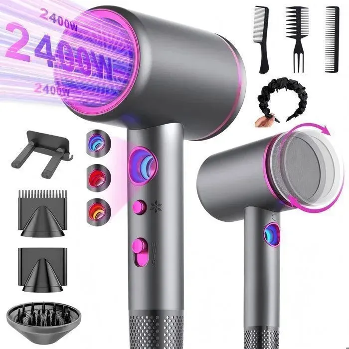 Seche Cheveux ionique Professionnel 2400W Puissant 3 Températures et 3 Vitesse - avec Support 2 Concentrateurs 1 Diffuseur Gris