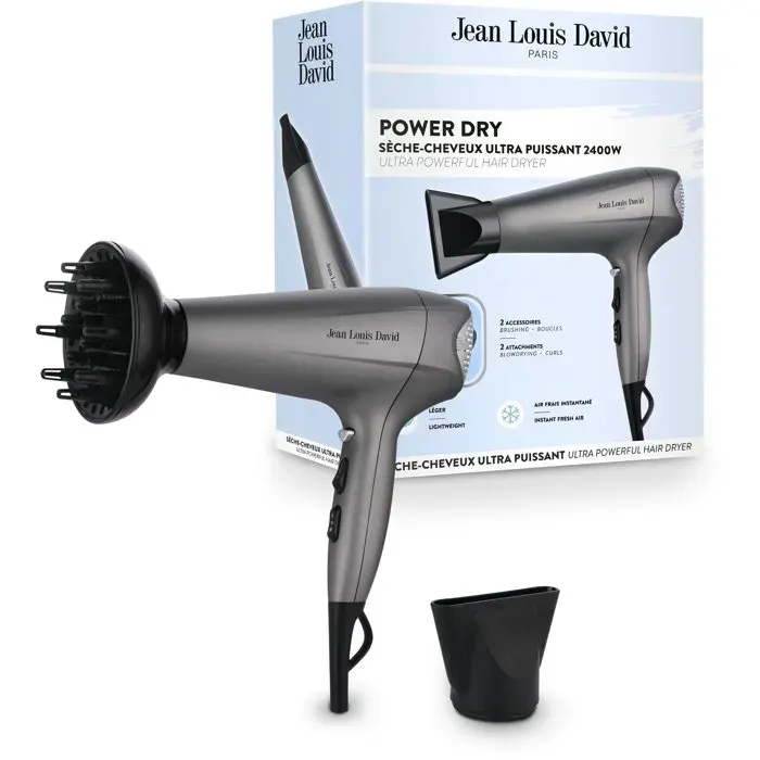 Sèche-cheveux - JEAN LOUIS DAVID - Power Dry - Diffuseur - 3 températures - 2400 W - Gris