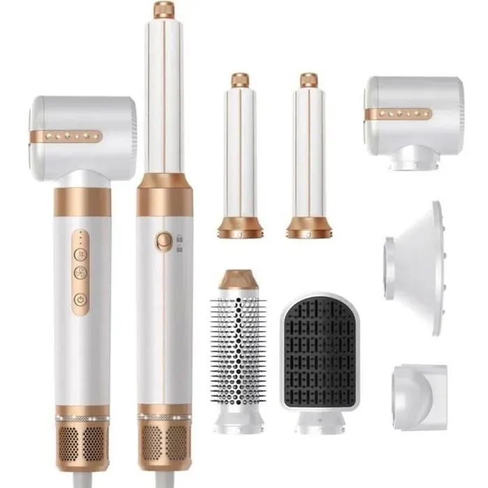 Sèche cheveux multifonction - Ensemble 7 en 1 Moteur sans balais 1400W - Coiffure professionnelle - Blanc
