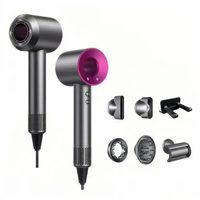 Sèche-cheveux Negative Ion 1600W - 3 vitesses 4 températures - avec 1 diffuseur et 4 buses - Rose Red