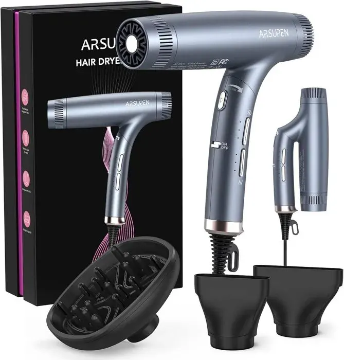 Sèche-Cheveux Pliable LUNSY Professionnel Sèche-Cheveux Ionique 1600W 2 buses de coiffage +1 équerre 4 températures/3 vitesses