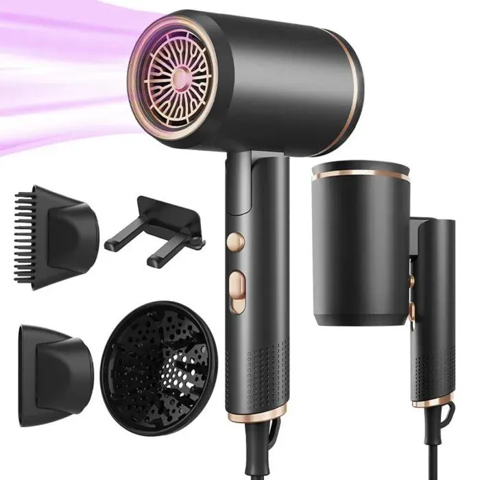 Sèche-cheveux pliable puissant 110 000 tr/min ions négatifs 400g séchage rapide 3 min silencieux idéal voyage et maison