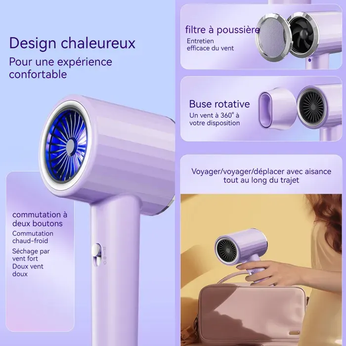 Seche cheveux professionnel - Aueq - ionique 2000w violet silencieux à séchage rapide avec 3 modes de température support a seche