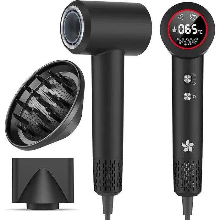 Sèche-cheveux professionnel avec diffuseur ionique 400 millions plasma moteur sans balais 110 000 tr/min noir noir ASPIRATEUR
