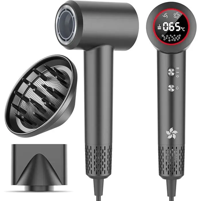 Sèche-cheveux professionnel avec diffuseur ionique 400 millions plasma moteur sans gris foncé+diffuseur+d gris ASPIRATEUR