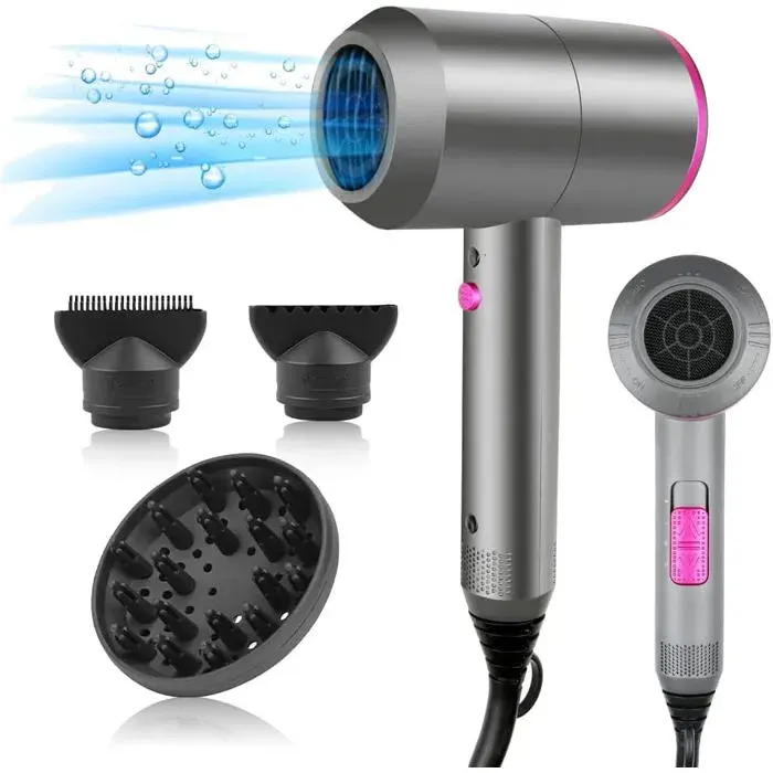 Sèche-Cheveux Professionnel Ionique 2000W Haute Vitesse Séchage Rapide 3 Températures & 2 Vitesses 2 Concentrateurs + 1 Diffuseur