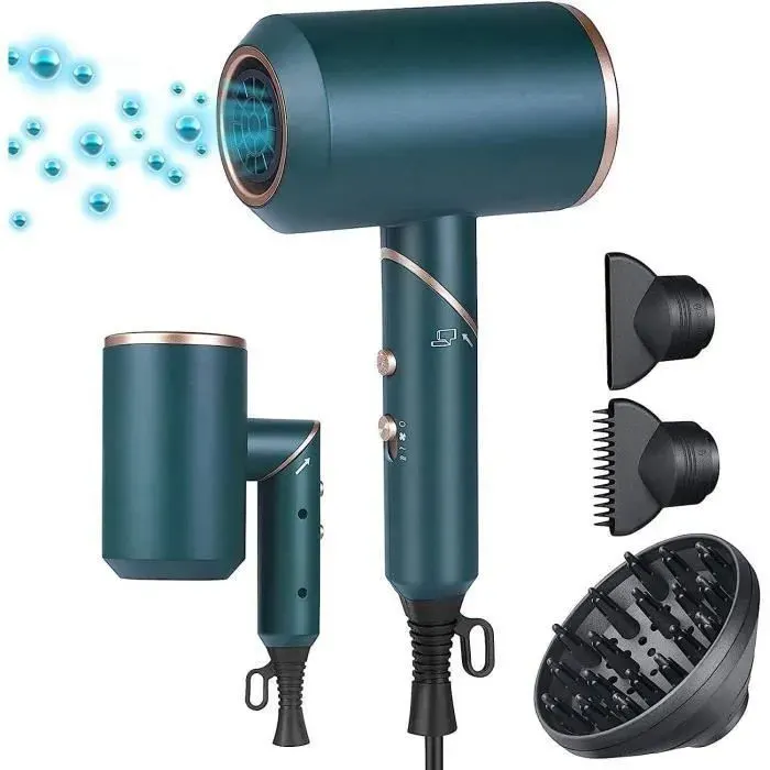Sèche-Cheveux Professionnel Ionique 2000W Manche pliable 3 Modes Réglables avec Protection Contre La Surchauffe 3 Diffuseur- Vert
