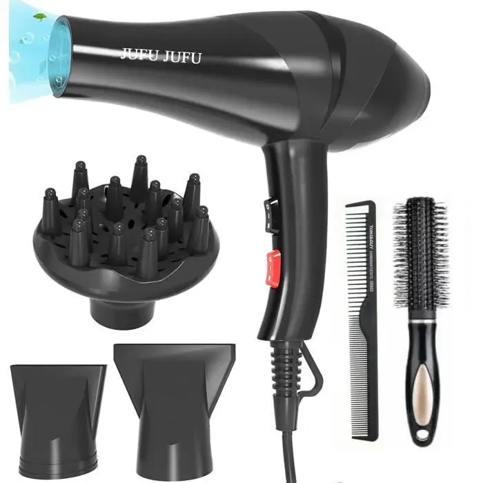 Sèche-cheveux Professionnel Ionique 3000W Diffuseur Avec 2 Buses de Modélisation et 1 diffuseur 3 chauffage et 2 vitesses Noir