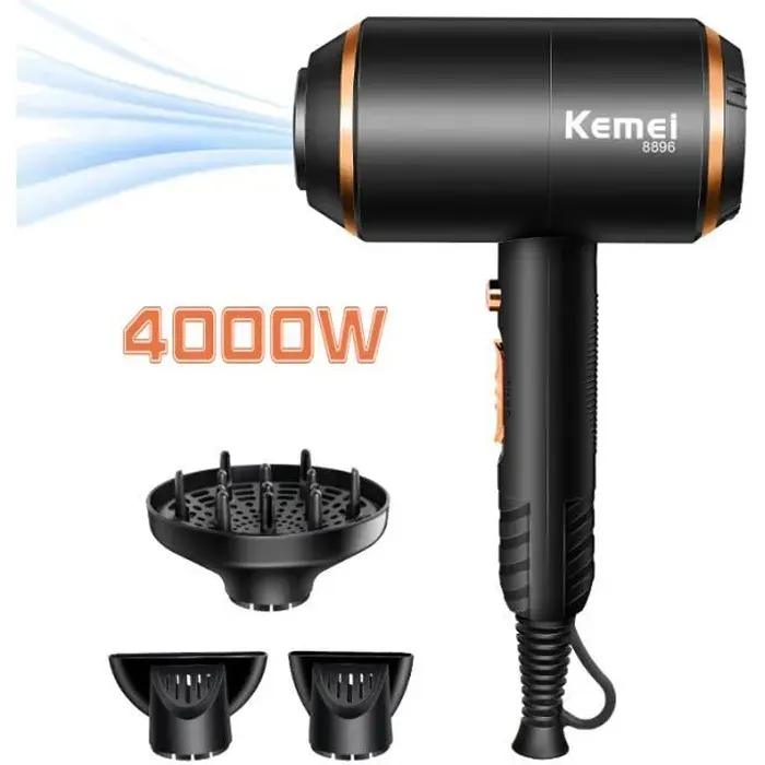 Sèche-cheveux professionnel YOKULI - modèle KM-8896 - 4000W - Air chaud/froid - Ioniseur dair — coloris Noire