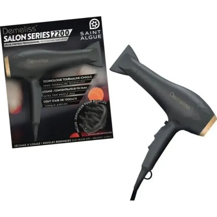 Sèche-Cheveux - SAINT ALGUE - Demeliss SALON SERIES 2200W - Moteur Professionnel AC - Tourmaline Ionique - Concentrateur & Diffuseur