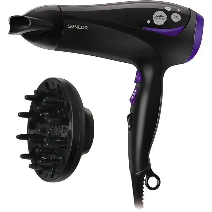 Sèche-cheveux - SENCOR - SHD 108VT - 2000 W - Ionisant - 3 températures - 2 vitesses - Air froid - Diffuseur inclus - Noir