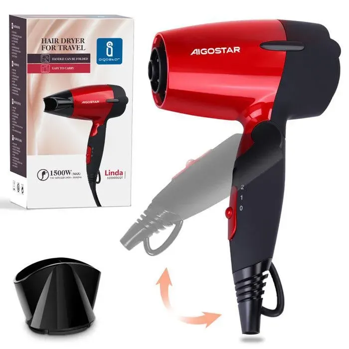 Sèche-cheveux Voyage Pliable 1500WCompact 400g Bi-tension 110-220V 2 vitesses & temp. Buse de Coiffage Protection SurchauffeRouge