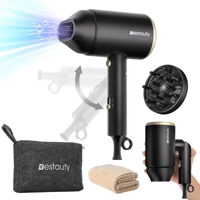 Sèche-Cheveux Voyage Pliable avec Diffuseur Professionnel Sèche-Cheveux Ionique 2000W 3 Températures 2 Vitesses [Bouton air