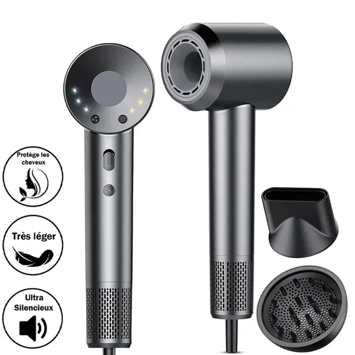 Sèche-cheveux - WENZYLIQUOX - Sans Dégâts Chaleur - 160000 tr/min - 500M ions négatifs - 1600W — coloris Gris