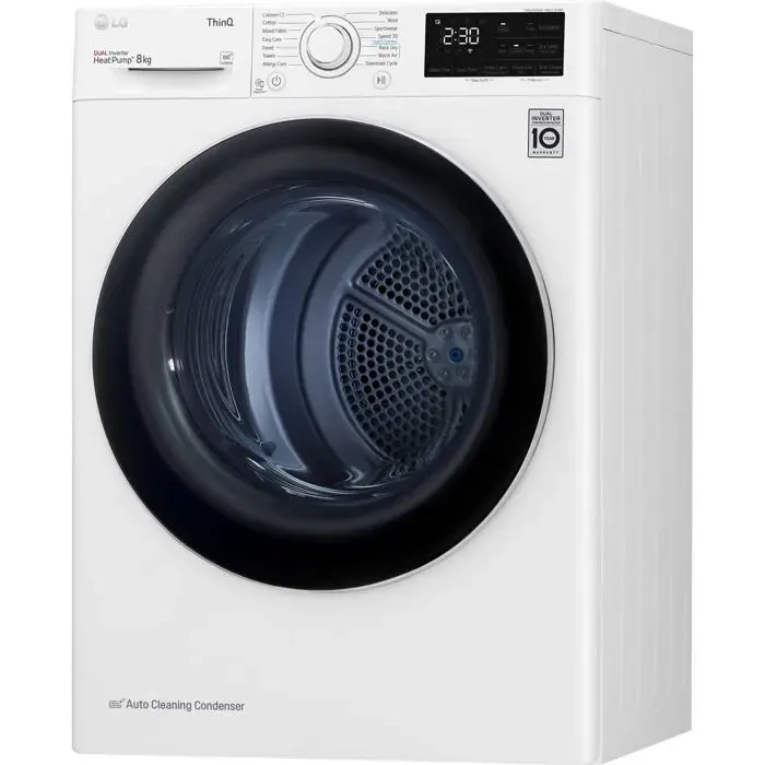 Sèche-linge à condensation blanc - LG - 8 kg - Affichage LED - Commande tactile - Température de séchage automatique — coloris Blanche
