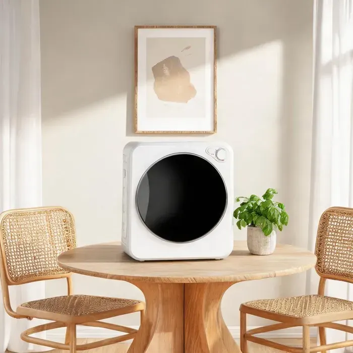 Sèche-linge compact 25 kg acier inoxydable blanc avec cycle 60°C hygiénique 5 programmes et 2 niveaux de chaleur dimensions 48