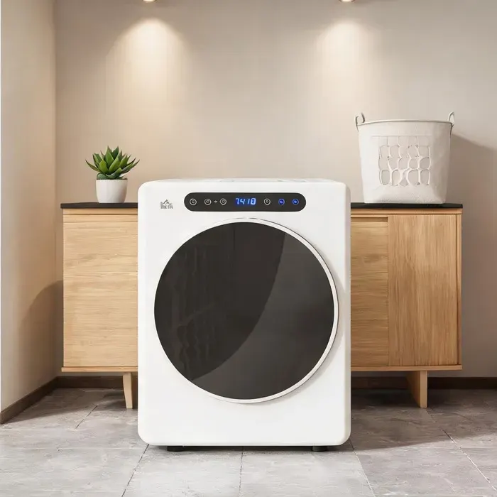 Sèche-linge compact 3 kg avec 6 programmes 40-60°C tambour inox finition blanc dimensions 49L x 43W x 61H pouces