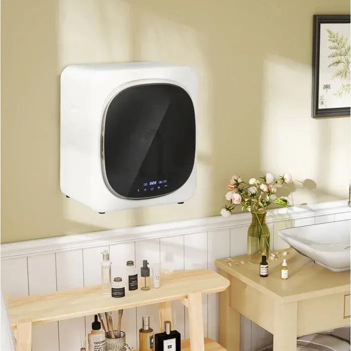 Seche-linge compact a evacuation 4 kg blanc en acier inoxydable ecran tactile pose libre mural ou superposable