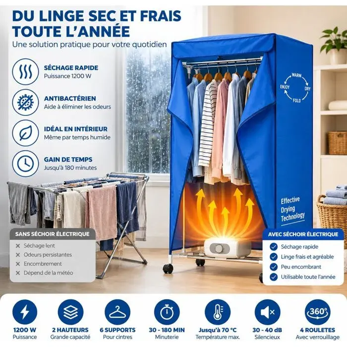 Sèche-linge électrique portable - INNOVACASA - Modèle standard - 15 kg - Anti-bactérien - Minuterie 30-180 min
