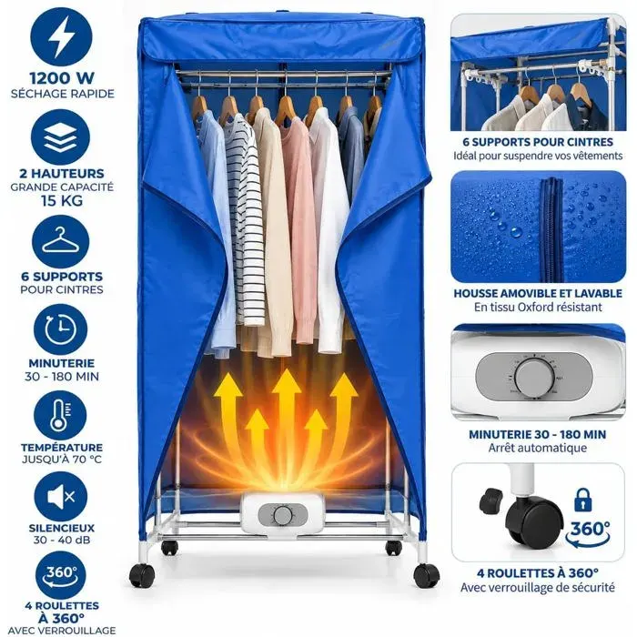 Séchoir à Linge Chauffant Électrique 1200 W Sèche-Linge Portable sur Pied 2 Niveaux Supports Cintres Minuterie