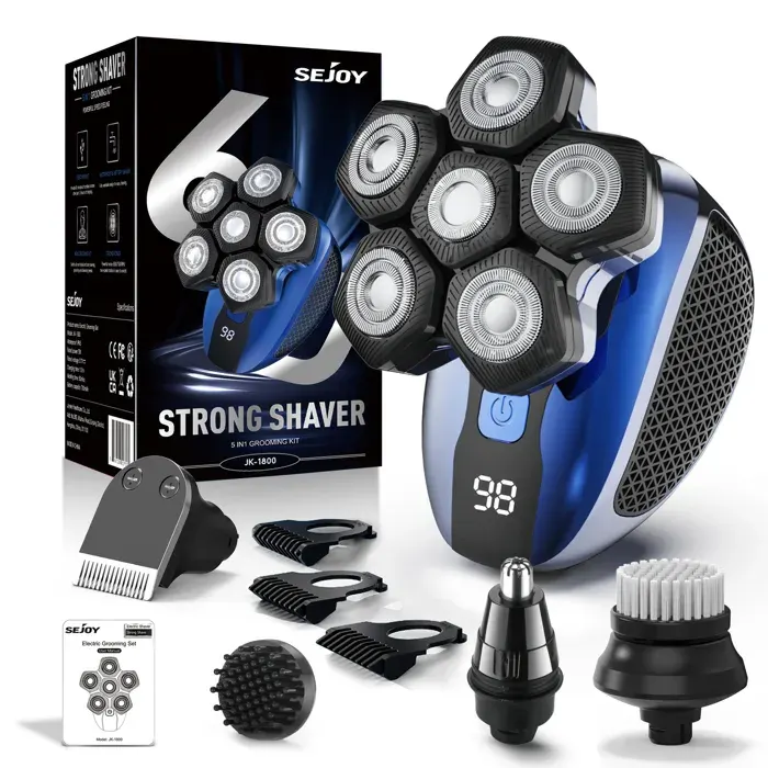 SEJOY Rasoir Électrique Hommes 5 En 1 Rasoir Tête Chauve Homme Sans Fil Avec Écran LED Sec Et Humide Portable Étanche IPX6 Bleu
