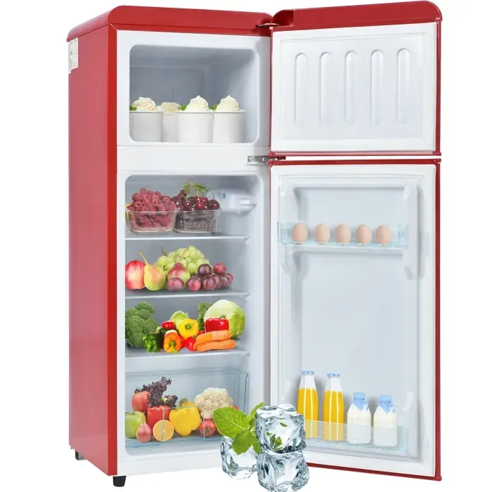 SENVIRO Réfrigérateur combiné rétro double porte pose libre 1055 x 41 x 455 cm 92 L dont congélateur 28 L éclairage LED rouge