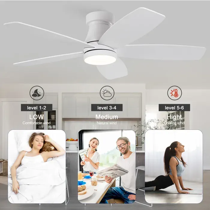 SENVIRO Ventilateur de plafond LED 42 pouces 5 pales télécommande blanc et bois naturel