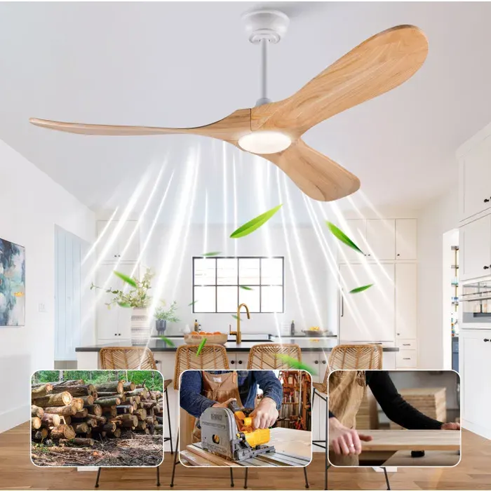 SENVIRO Ventilateur de plafond lumineux 52 pouces LED intégrée télécommande 6 vitesses bois blanc et naturel