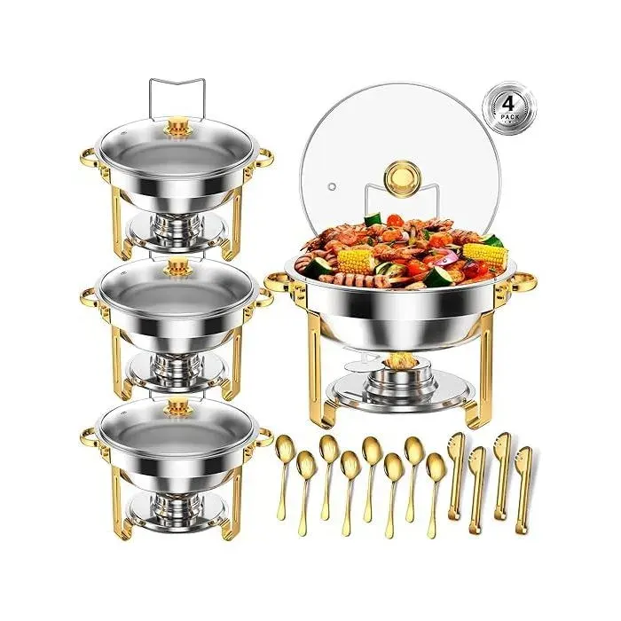 Serveur buffet Lot de 4 Chauffeur alimentaire Rond5 L avec porte-couvercleplaques de chauffage en acier inoxydable
