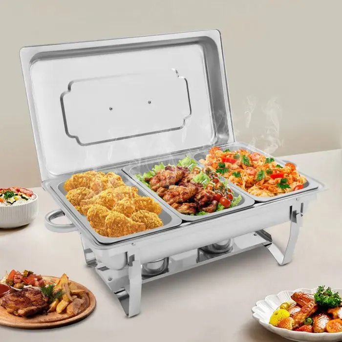 Serveur de Buffet à 3 Compartiments - Chauffe de Buffet en Acier Inoxydable - CHAUFFE-PLAT avec Couvercle - Plat de Chafing 7.5L