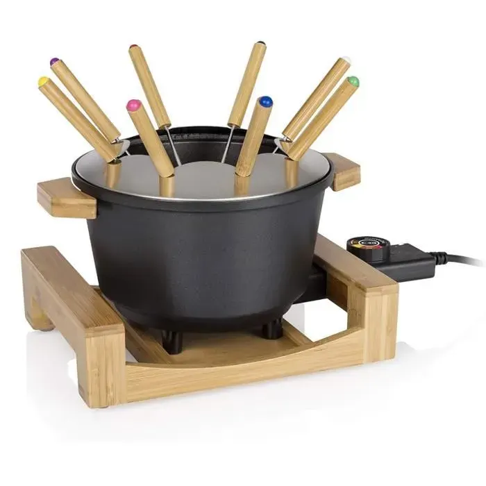 Service à fondue 15 L pour 8 personnes – Design en bambou caquelon antiadhésif thermostat réglable 8 fourchettes incluses
