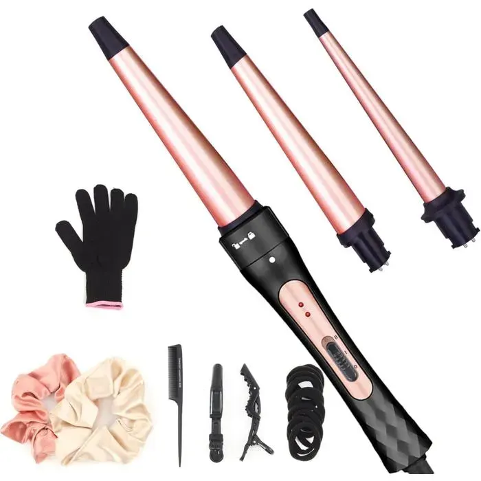 Set boucleur 3 en 1 céramique interchangeable boucles grandes/petites/ondulations chauffage rapide avec gants