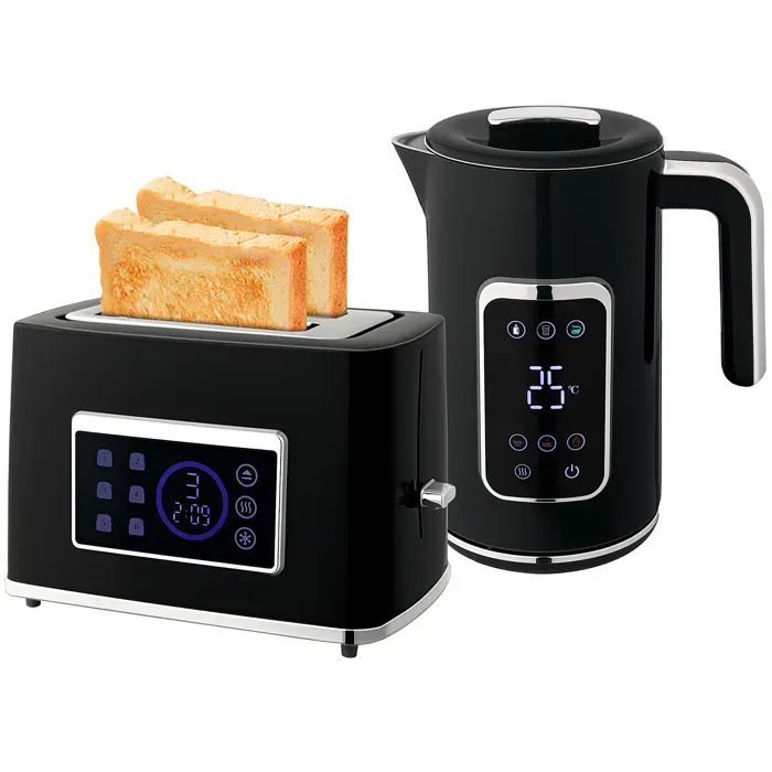 Set Bouilloire Électrique 2200W et Grille-Pain 2 Fentes avec Écran Tactile LED 6 Niveaux de Température et Dorure Noir 17 L