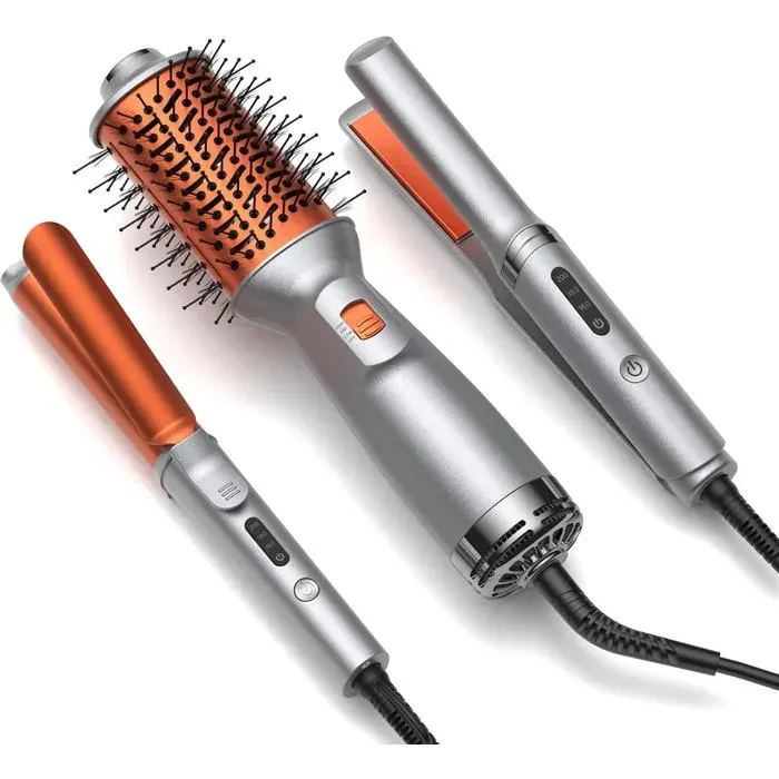 Set Coiffure 3-En-1 De Voyage – Brosse Soufflante + Fer À Boucler 25 Mm + Mini Lisseur Double Tension 100-240V Kit Compact Pour S