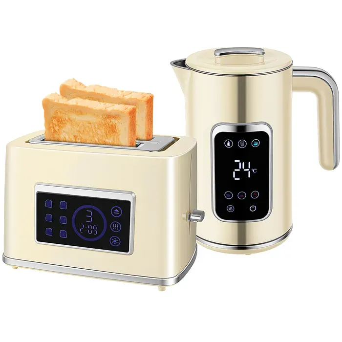 Set Petit-Déjeuner Bouilloire Électrique et Grille-Pain 2 Fentes Larges Écran LED Tactile Crème 17L 2200W