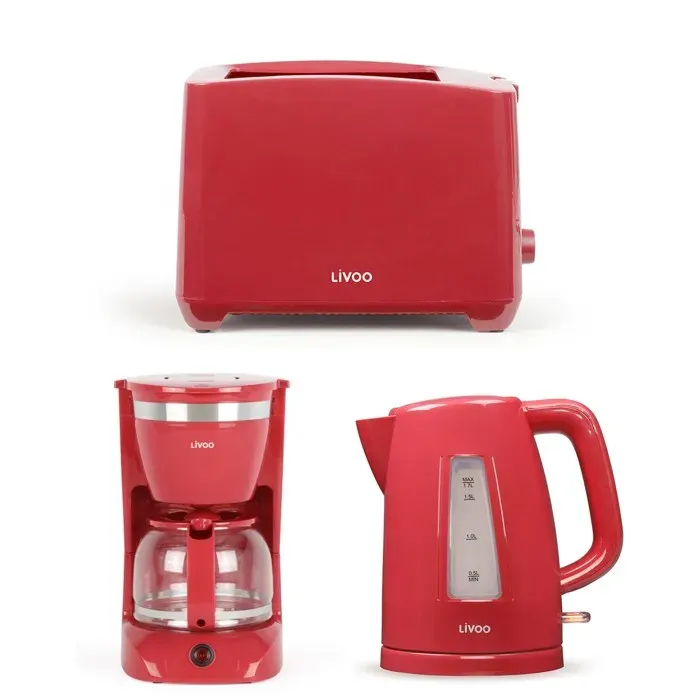 Set petit-déjeuner - LIVOO - Pack 3 en 1 - Bouilloire 17L 2200W - Grille-pain 2 fentes 750W - Cafetière 125L 750W — coloris Rouge