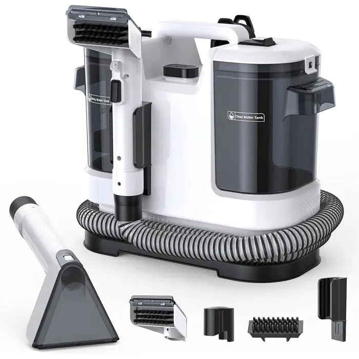 Shampouineuse Injecteur-Extracteur 500W 15 kPa Nettoyeur Tapis Portable Avec Auto-Nettoyage Long Tuyau Pour Canapé & Voiture — coloris Blanche