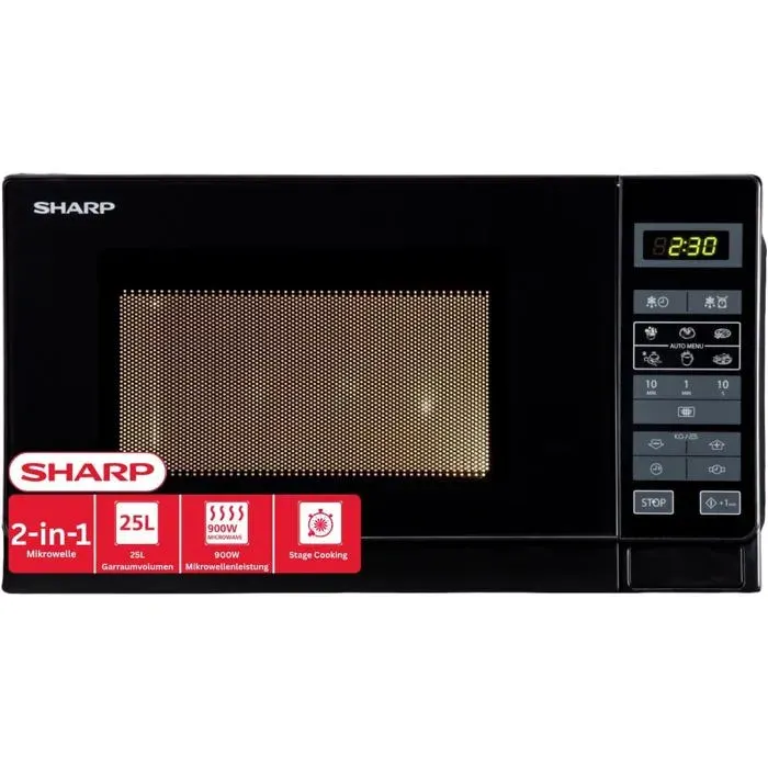 Sharp Micro-ondes Gril 25L 900W Noir 11 Niveaux 6 Programmes Sécurité Enfants