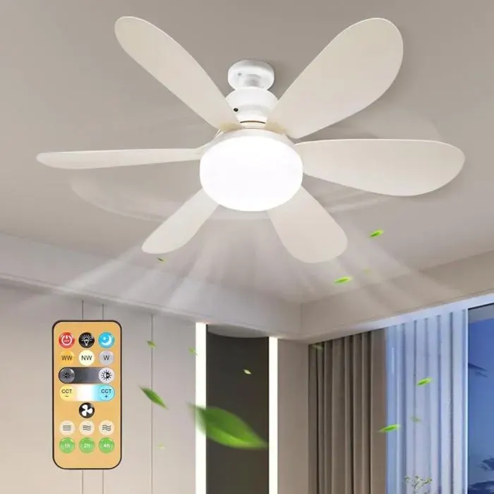 Silencieux ventilateur de plafond avec lumière et télécommande 30W douille E27 dimmable 6 pales 3 vitesses minuterie blanc