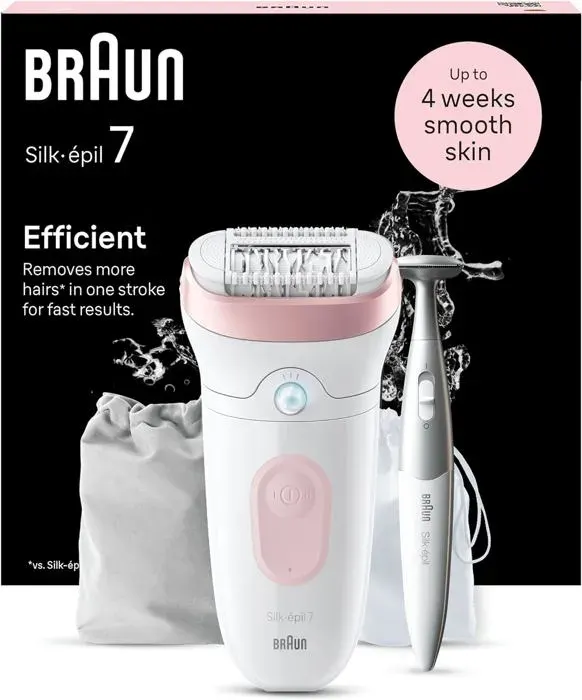 Silk-épil 7Épilateur Avec Tête Large Pour Épilation FacileÉtanchePeau Douce Longue DuréeAvec Tondeuse7-210Blanc/Rose