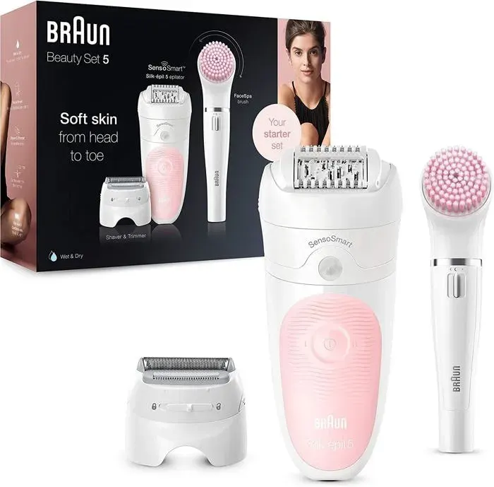 Silk-épil Beauty Set 5 Épilateur Électrique Femme Blanc/Rosepour débutantes6-en-1 Sans FilWet & DryRasoirNettoyageVisage