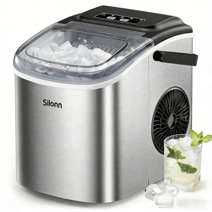 Silonn Machine à Glaçons Comptoir/9 Cubes en 6 Min 118 kg/Jour/Autonettoyante + Panier + Pelle/2 Tailles de Glaçons Balle