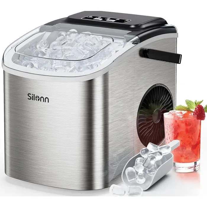 Silonn Small Ice Cube Maker with Carry Handle 9 Ice Cubes in Just 6 Min. 12 kg Ice in 24 Hours. Compact Self-Cleaning with 2 Sizes