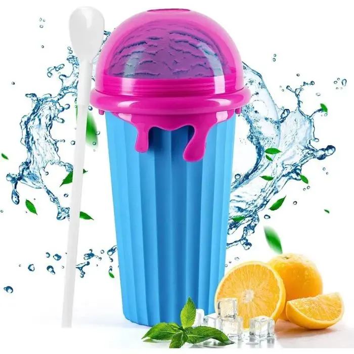 Slushy Maker Cup 500ml Bleue silicone gelée + paille/cuillère/brush smoothies DIY .