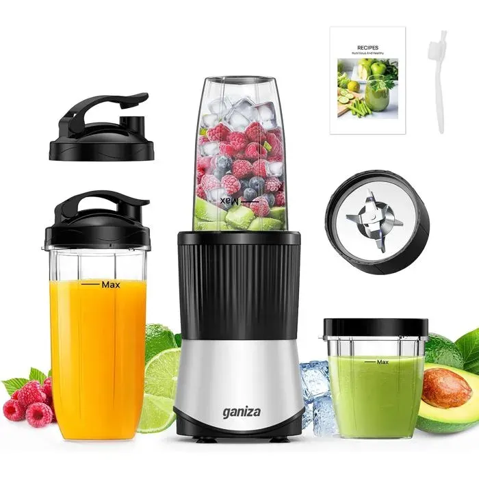 Smoothie maker 900W 25000 tr/min 3 gourdes Tritan (300/500/700 ml) 4 lames asymétriques argent/noir