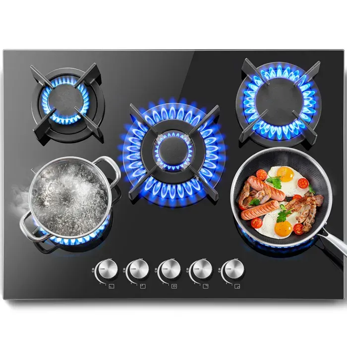 SNDOAS Table de Cuisson Gaz 5 Brûleurs 70 cm Verre Trempé Sécurité Anti-Fuite Gaz Naturel/Propane Noir YYEUGCT-B05