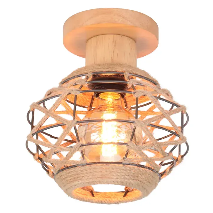 SNOGOLD Plafonnier Vintage en Bois et Corde de Chanvre Ø20CM Industriel Lampe de Plafonde E27 Luminaire pour Salon Chambre