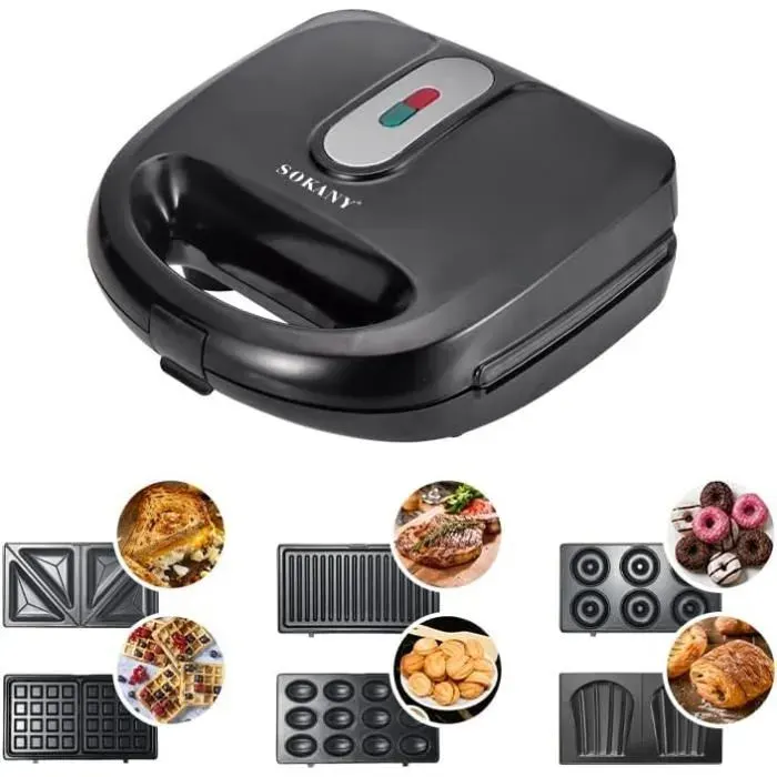 SOKANY Appareil multifonction 6 en 1 750 W (sandwich gaufrier gril de contact donut maker et plus) plaques antiadhésives